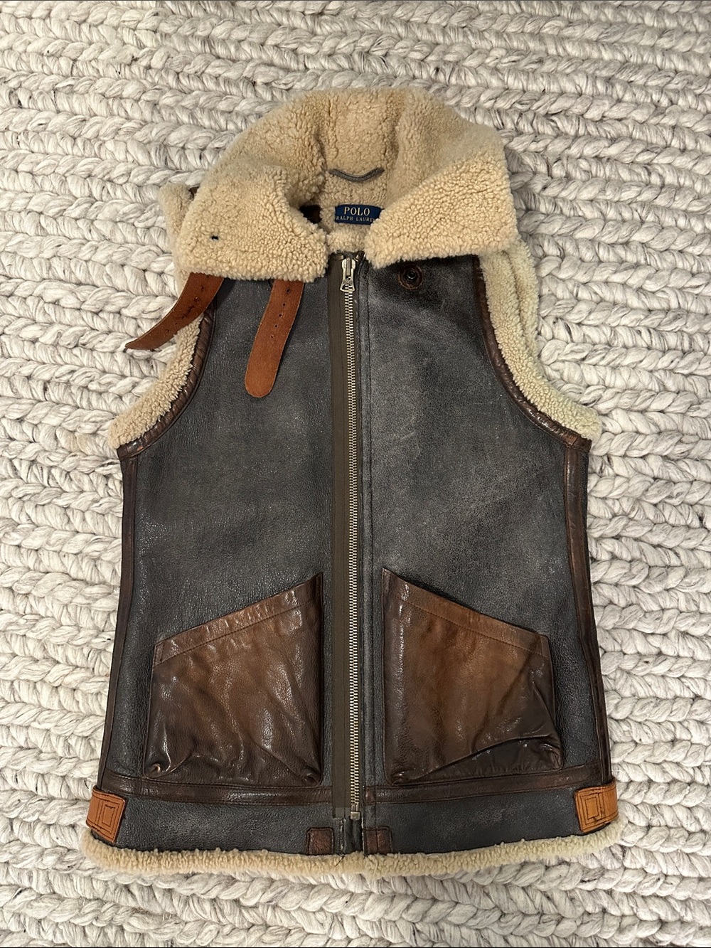 Polo by Ralph Lauren Brown Leather Vest with Cream Shearling Collar
